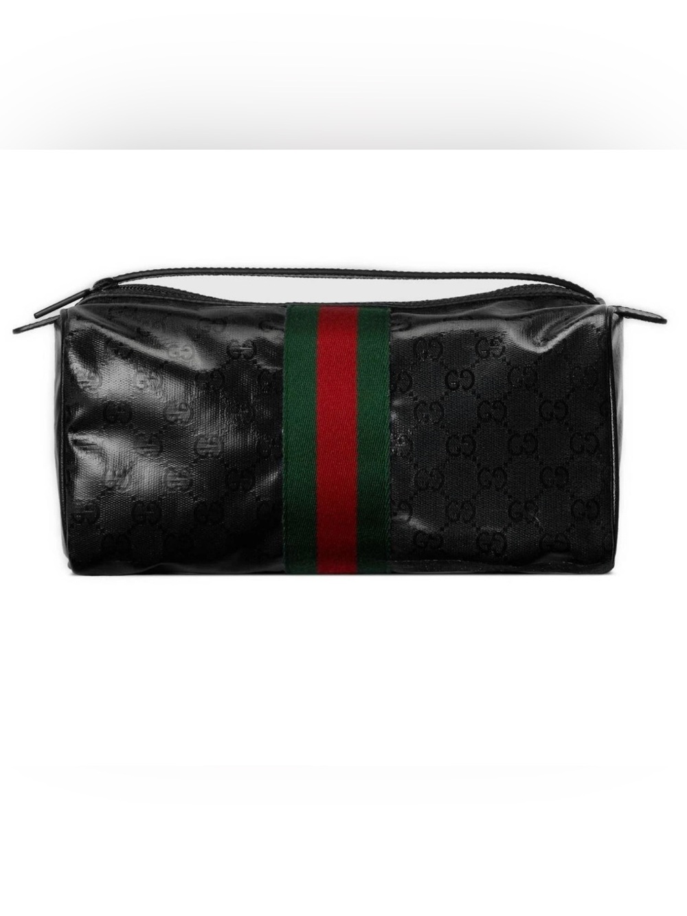 NEW GUCCI BLACK GG CRYSTAL CANVAS LEATHER WEB LOGO TOILETRY CASE HAND BAG UNISEX